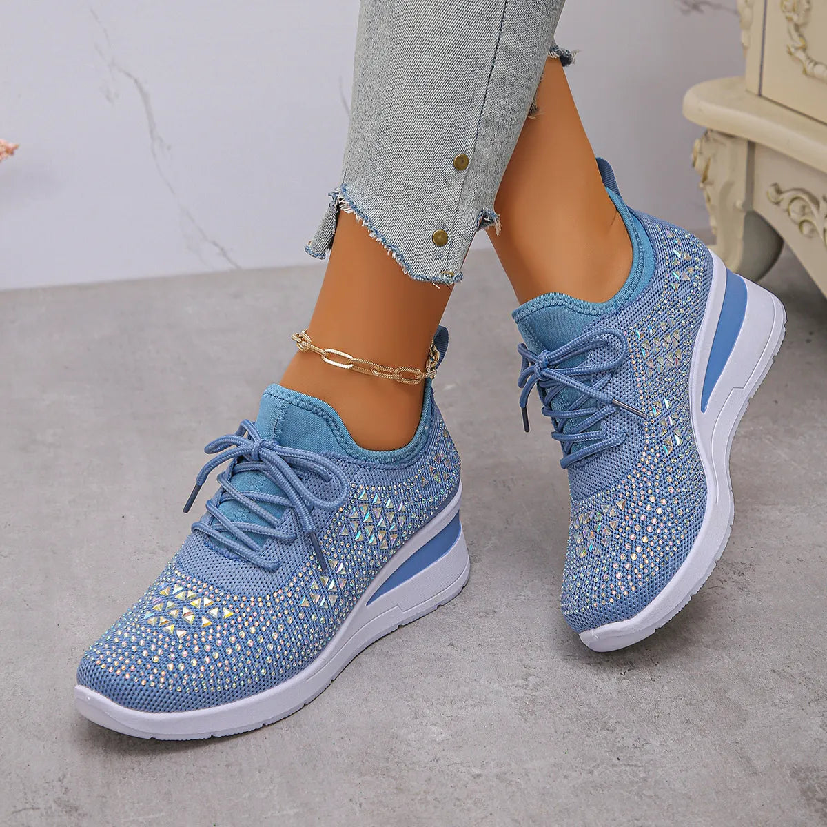 Breathable Mesh Rhinestone Wedge Athletic Sneakers - Tigbul's Variety Fashion Shop