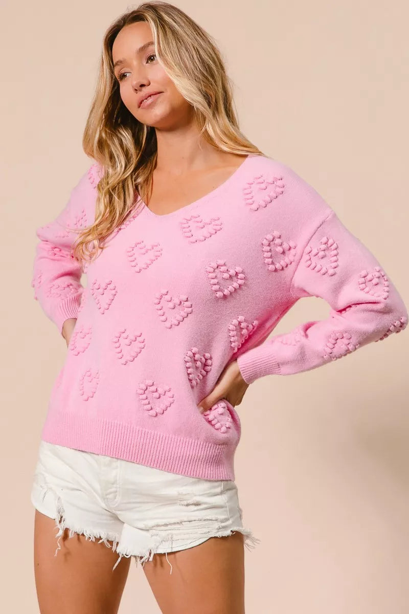 BiBi Valentines Heart Pompom V Neck Knit Top - Tigbul's Variety Fashion Shop