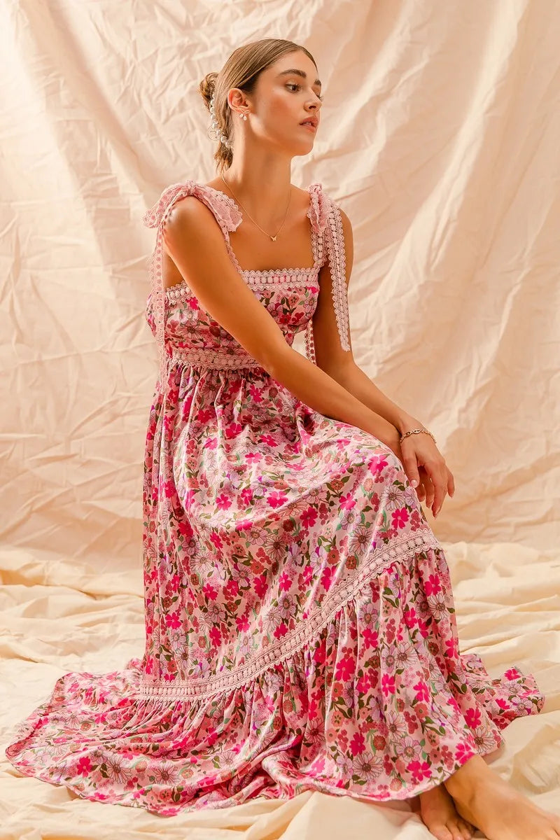 SO ME Floral Maxi Dress With Ribbon Tie Lace Strap - Tigbul's Variety Fashion Shop