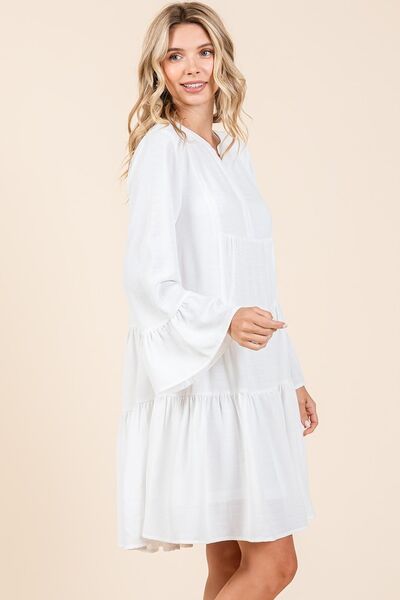 Ivory Tiered Notched Flare Sleeve Dress - Tigbul's Variety Fashion Shop