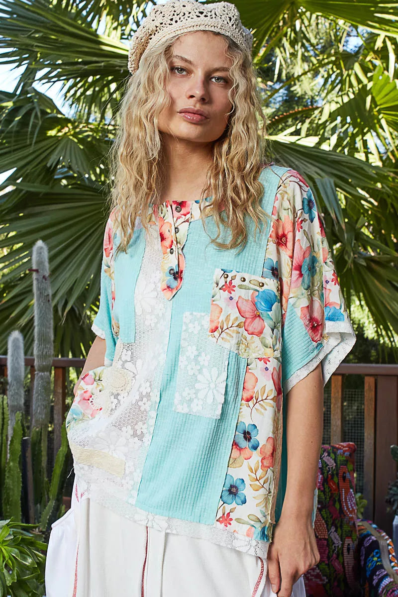 POL Lace Round Neck Short Sleeve Floral Pattern Top with Patch Detail - Tigbul's Variety Fashion Shop