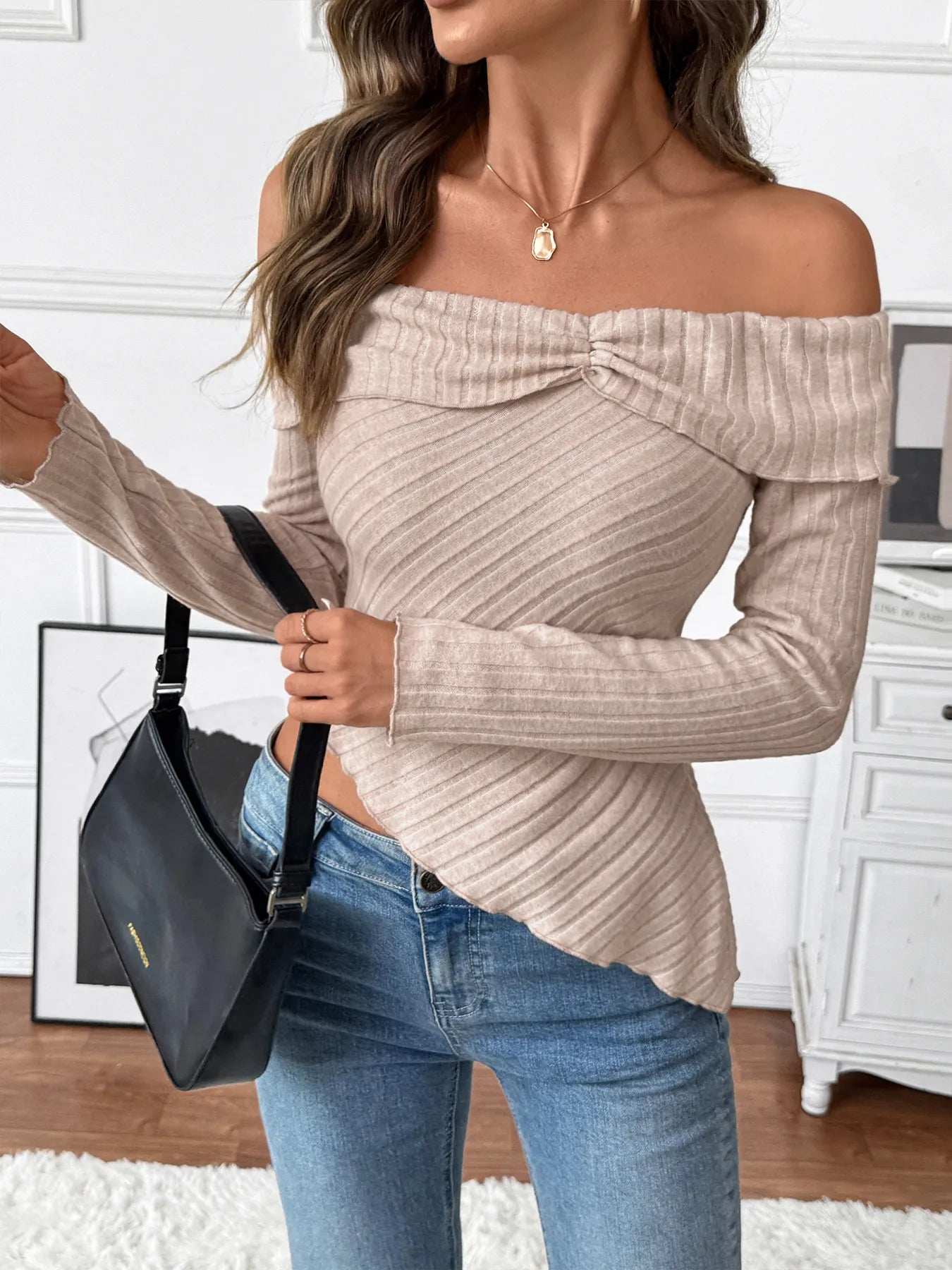 Asymmetrical Off-Shoulder Knit Top - Tigbul's Variety Fashion Shop