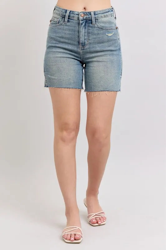 Judy Blue High Waist Vintage Wash Side Slit Denim Shorts - Tigbul's Variety Fashion Shop