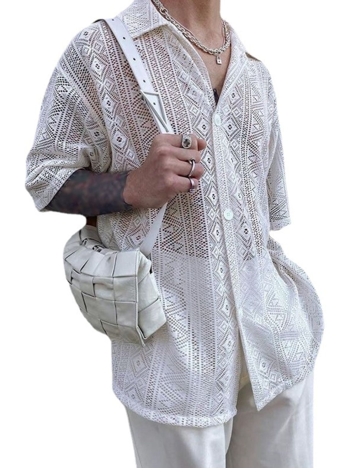 Men's Full Size Lace Half Sleeve Button Down Shirt Plus Size - Tigbul's Variety Fashion Shop