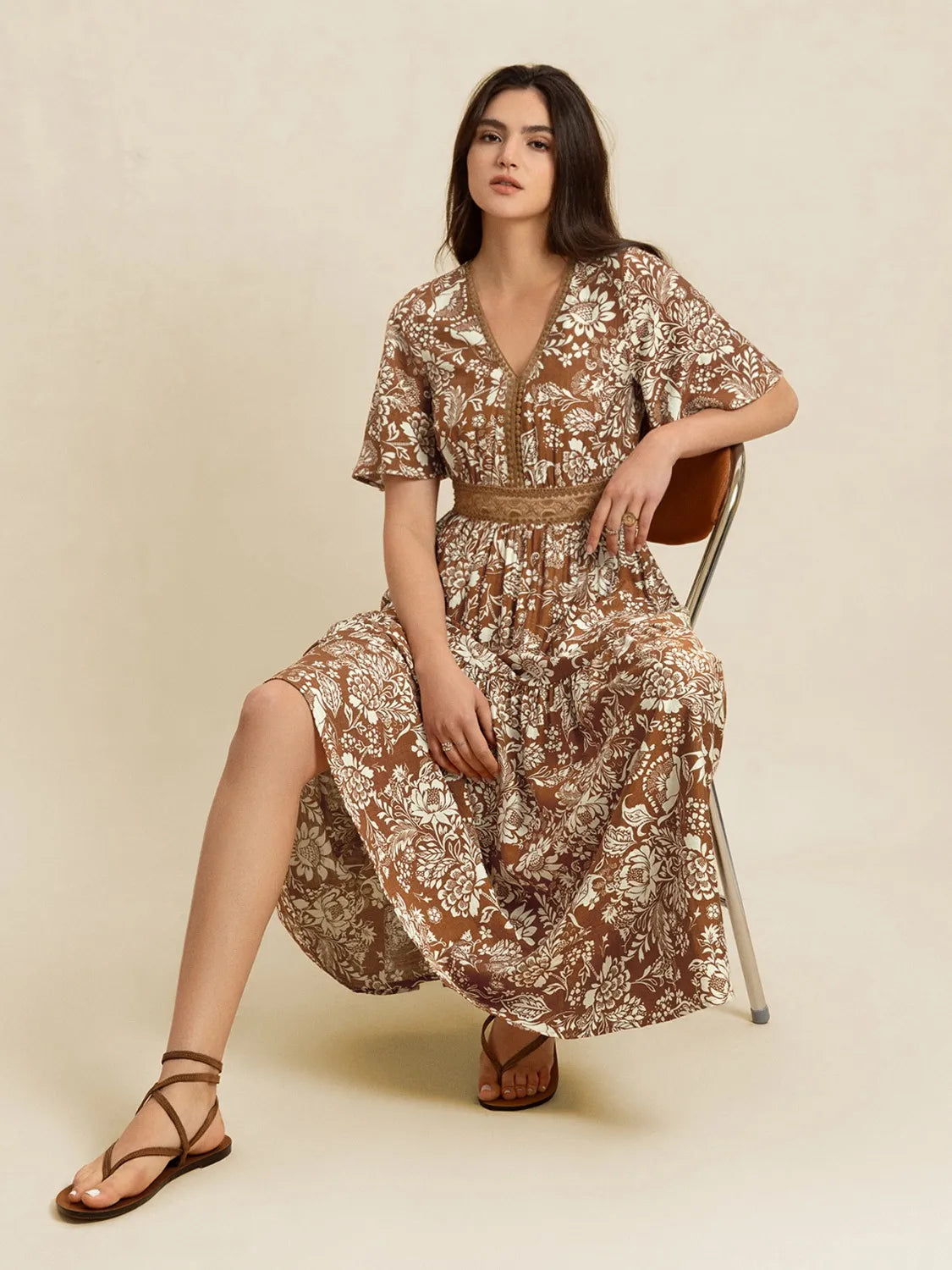 Brown Lace Detail Printed Short Sleeve Midi Dress - Tigbul's Variety Fashion Shop
