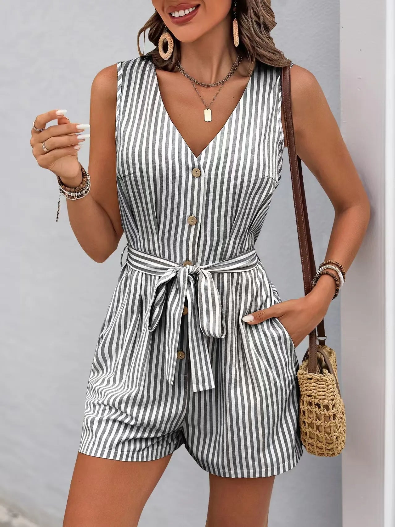 Striped V-neck Button Front Belted Romper - Tigbul's Variety Fashion Shop