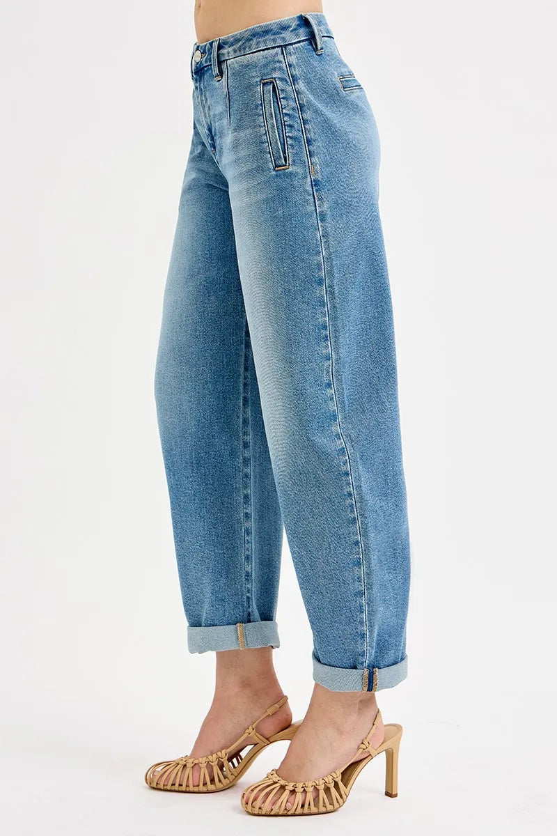 RISEN Full Size Mid Rise Fit Barrel Roll Up Jeans Plus Size - Tigbul's Variety Fashion Shop