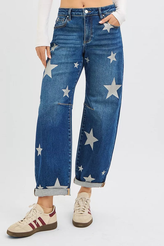 RISEN Mid Rise Ankle Length Relaxed Barrel Star Printed Jeans - Tigbul's Variety Fashion Shop