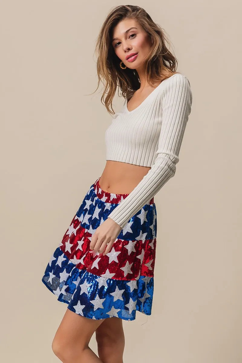 American Flag Theme Star Sequin Tiered Skirt - Tigbul's Variety Fashion Shop