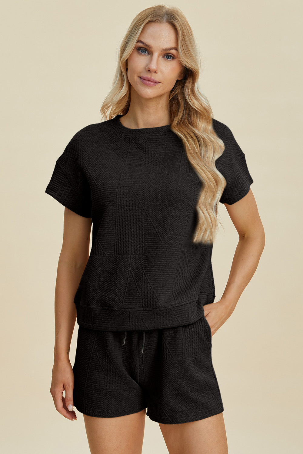 Texture Short Sleeve Top and Shorts Set - Tigbul's Variety Fashion Shop