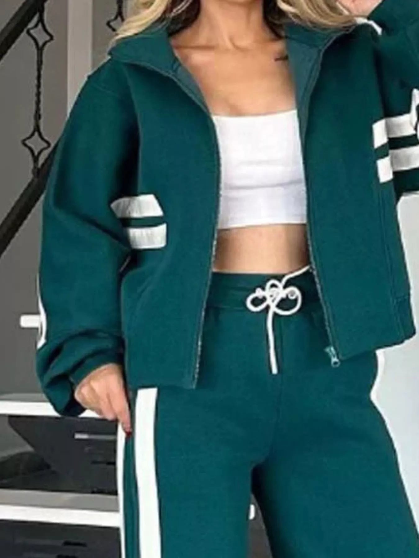 Full Size Contrast Stripe Zip Up Jacket and Pants Set Plus Size - Tigbul's Variety Fashion Shop