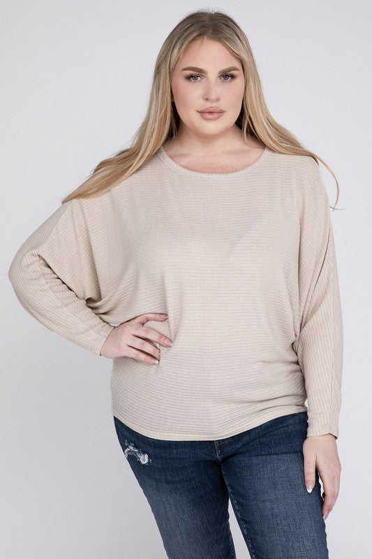Plus Ribbed Batwing Long Sleeve Boat Neck Sweater - Tigbul's Variety Fashion Shop