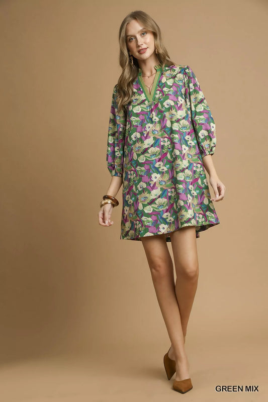 Umgee Boho Floral Balloon Sleeve Mini Dress - Tigbul's Variety Fashion Shop