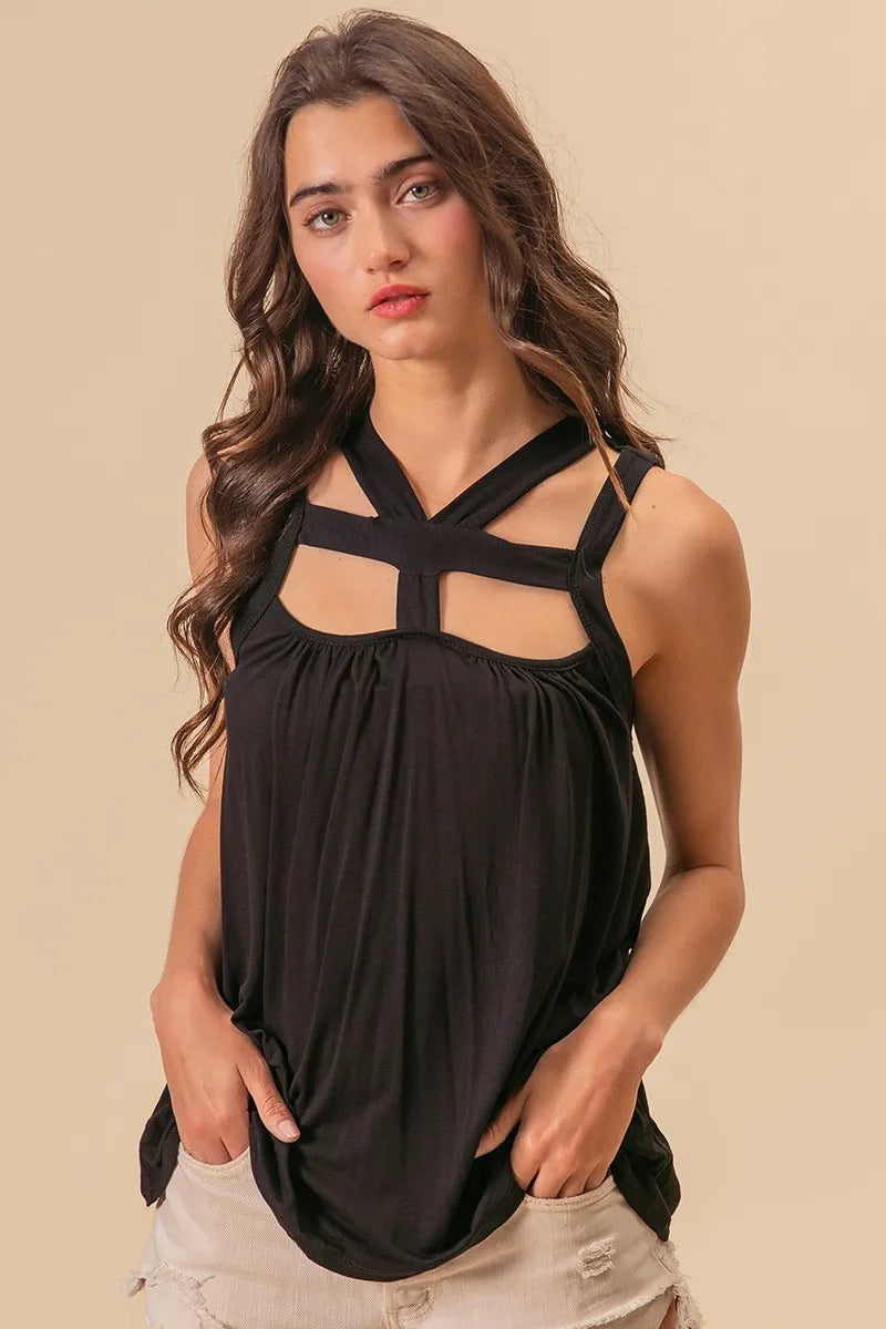 Black Rayon Span Jersey Cut Out with Straps Detailed - Tigbul's Variety Fashion Shop