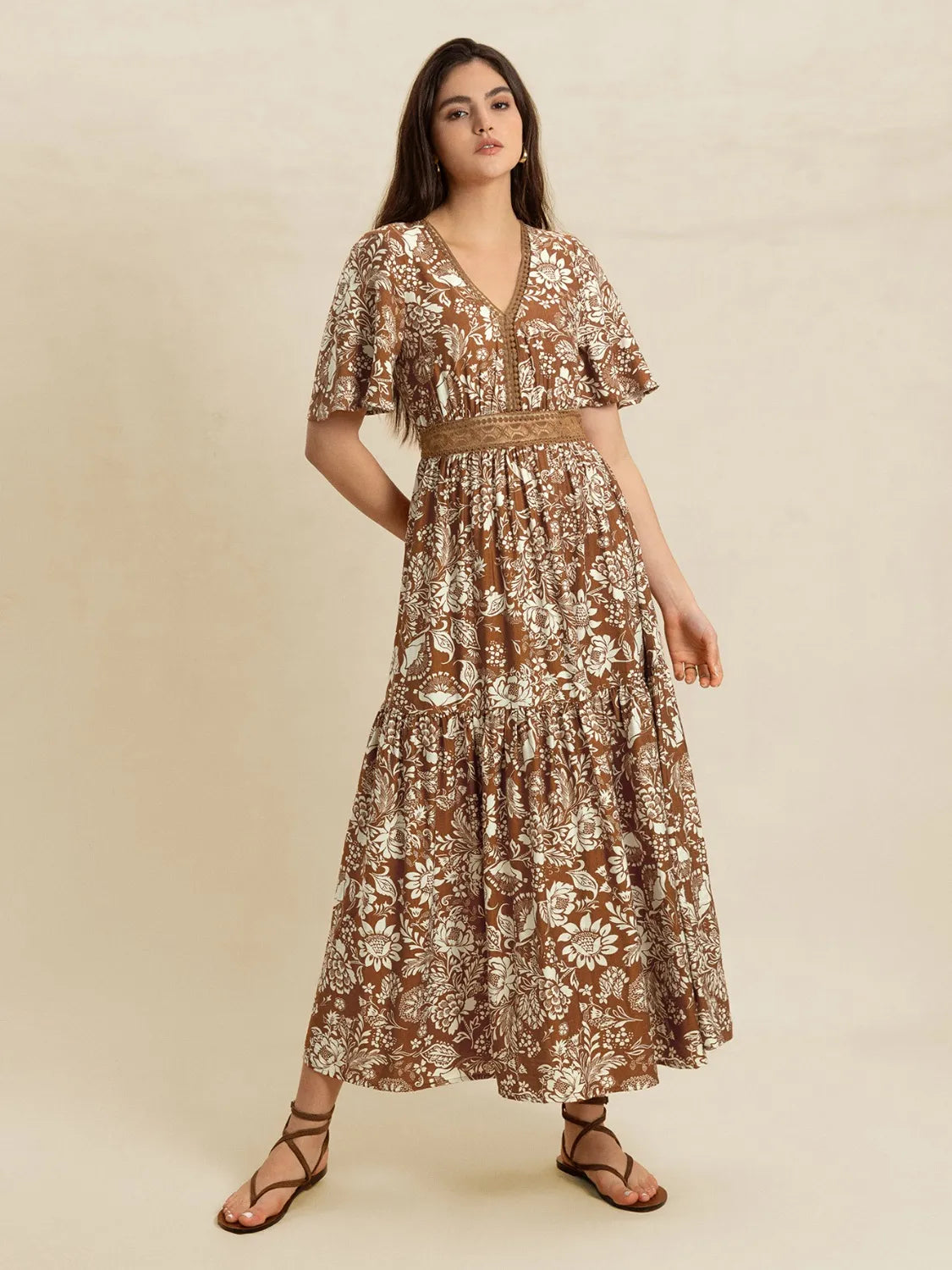 Brown Lace Detail Printed Short Sleeve Midi Dress - Tigbul's Variety Fashion Shop