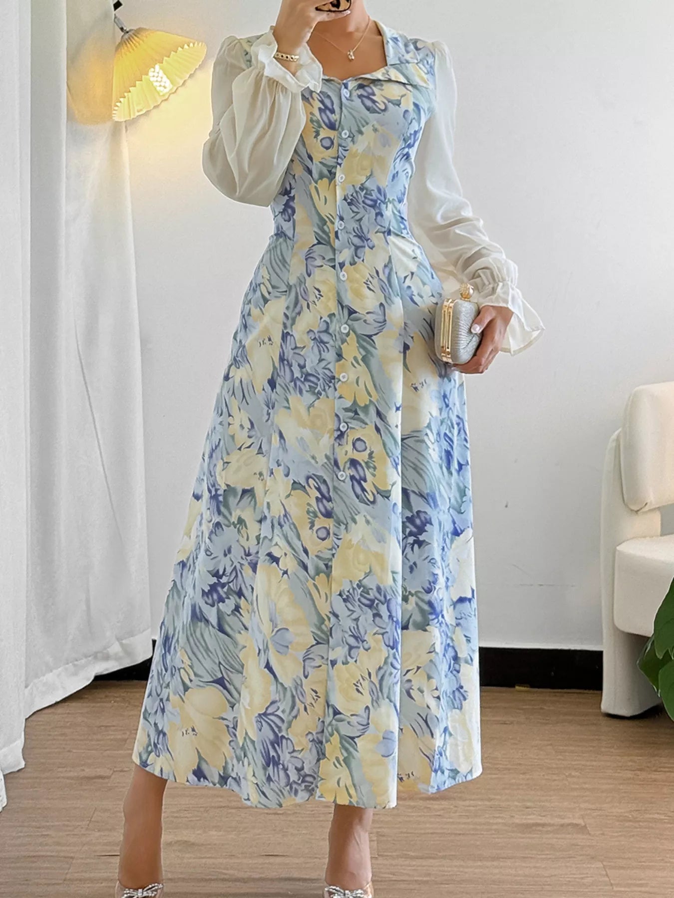 Floral Print Sheer Flounce Sleeves Dress - Tigbul's Variety Fashion Shop