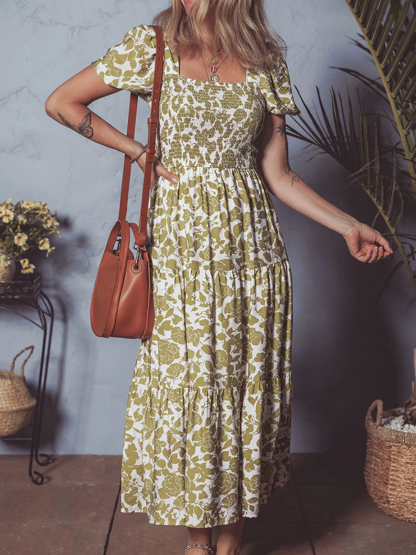 Boho Floral Square Neck Smocked Bust Puff Sleeve Tiered Dress - Tigbul's Variety Fashion Shop