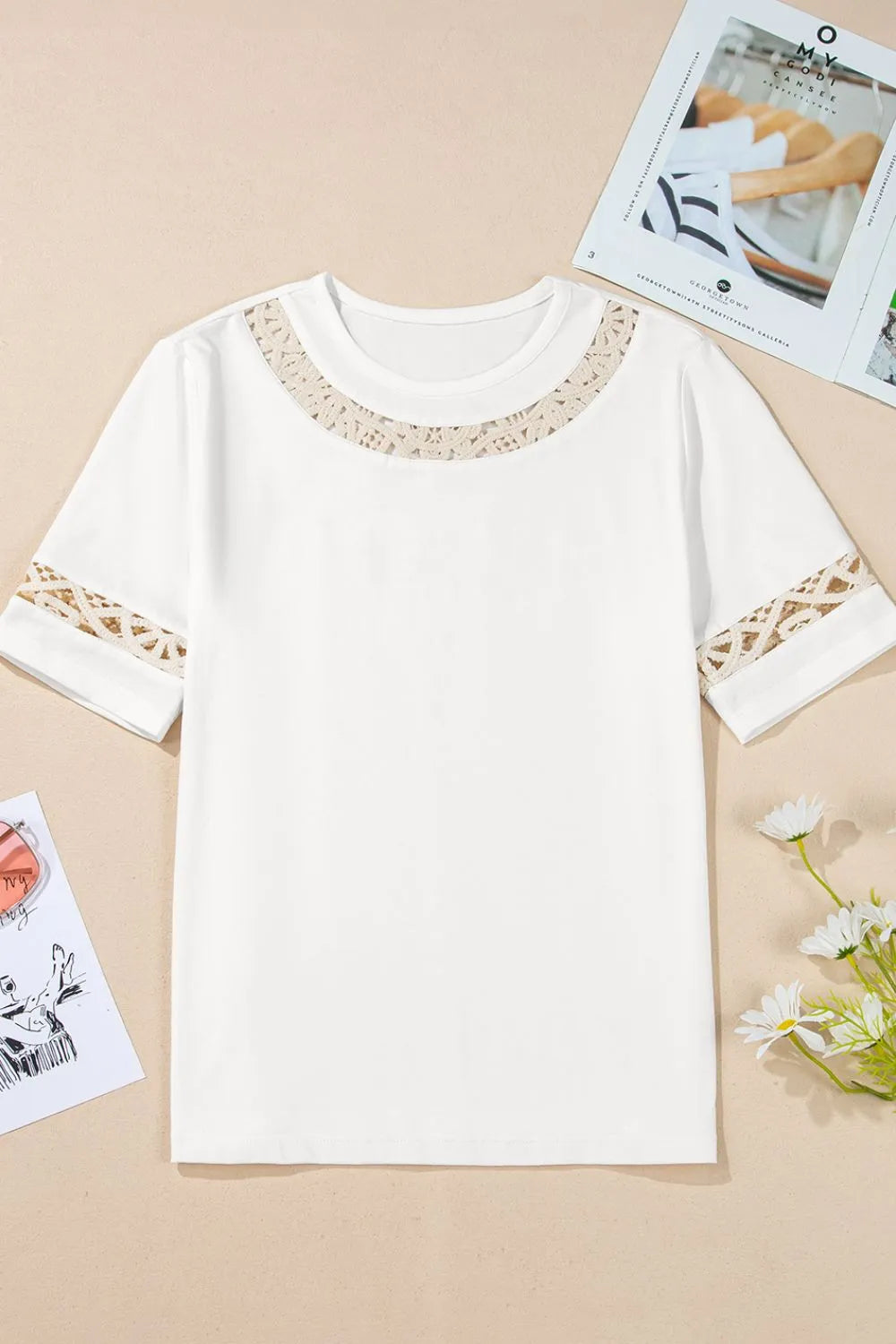 White Lace Crochet Crew Neck Casual T Shirt - Tigbul's Variety Fashion Shop