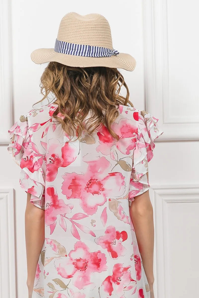 BiBi Floral Print Flutter Sheer Top - Tigbul's Variety Fashion Shop