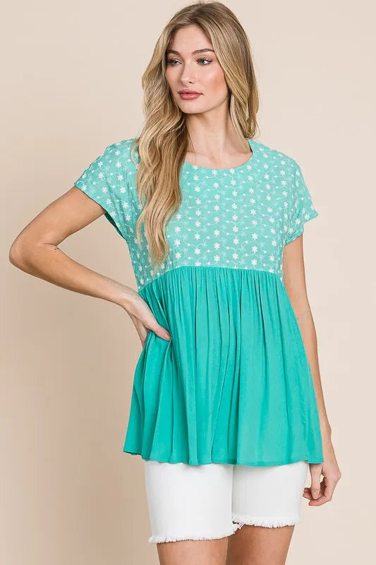 Embroidered Short Sleeve Pleated Babydoll Top Plus Size - Tigbul's Variety Fashion Shop