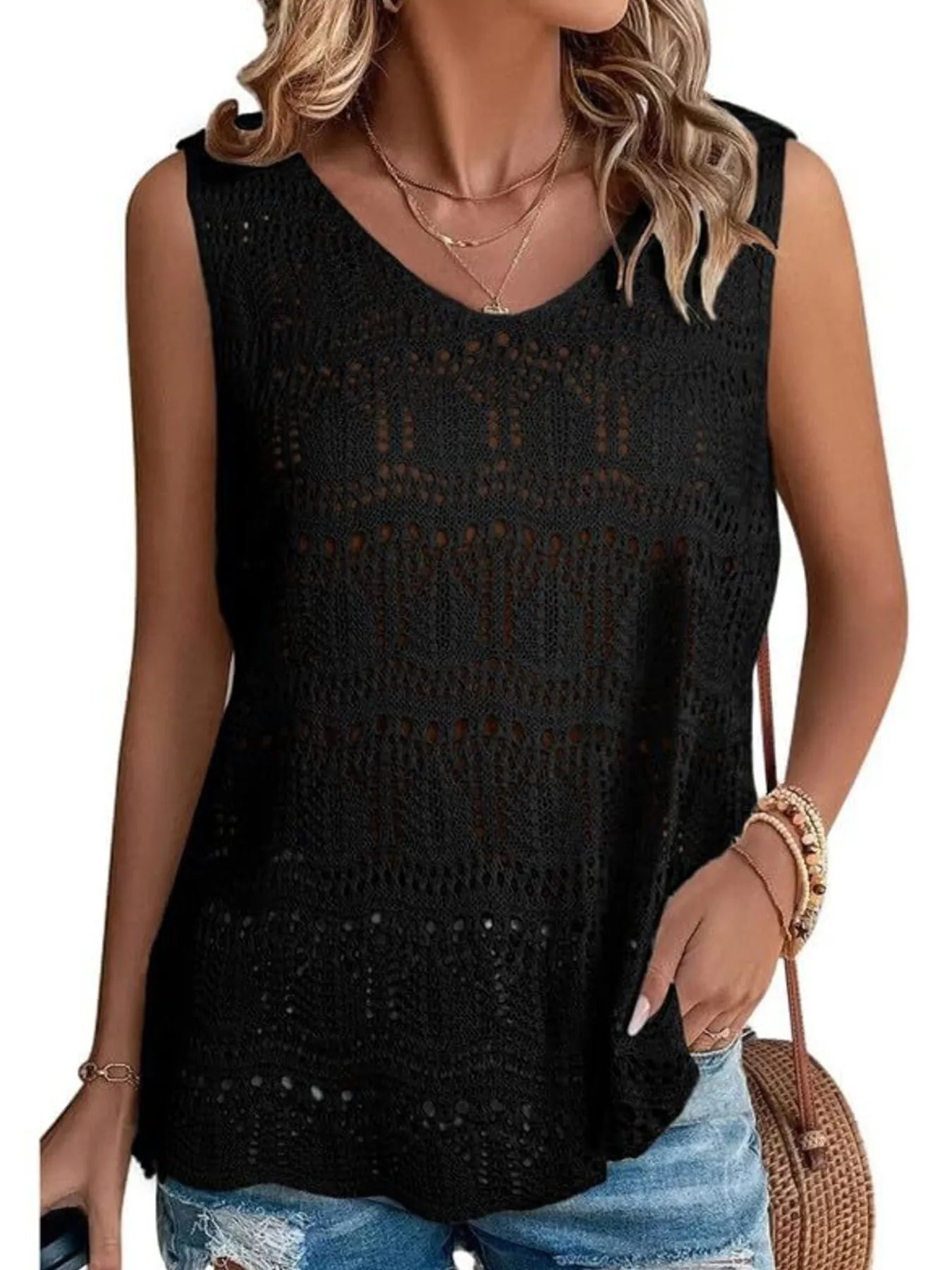 Crochet Sleeveless Sweater Vest - Tigbul's Variety Fashion Shop