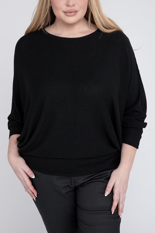 Plus Ribbed Batwing Long Sleeve Boat Neck Sweater - Tigbul's Variety Fashion Shop