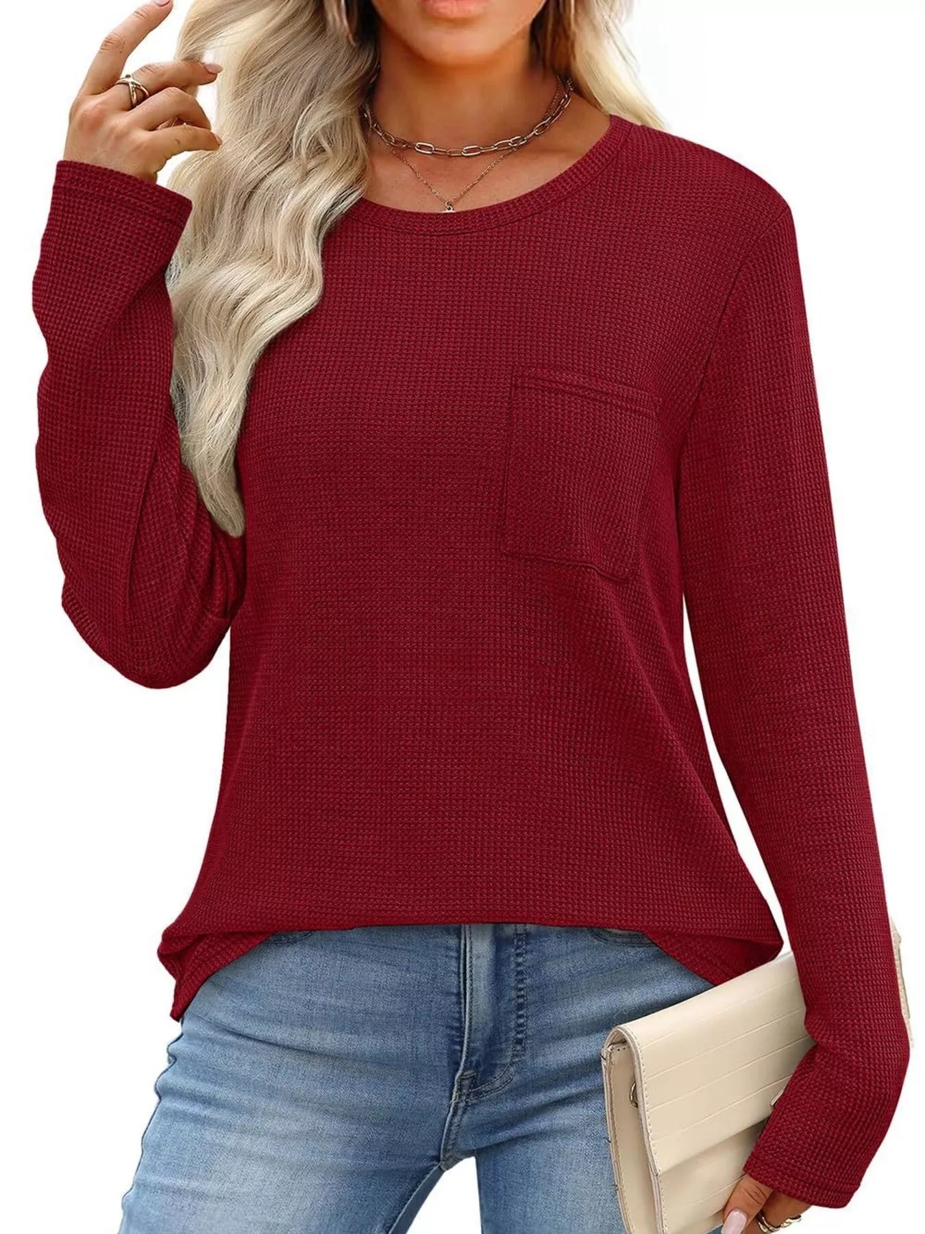 Waffle Knit Long Sleeve Pocket T-Shirt - Tigbul's Variety Fashion Shop