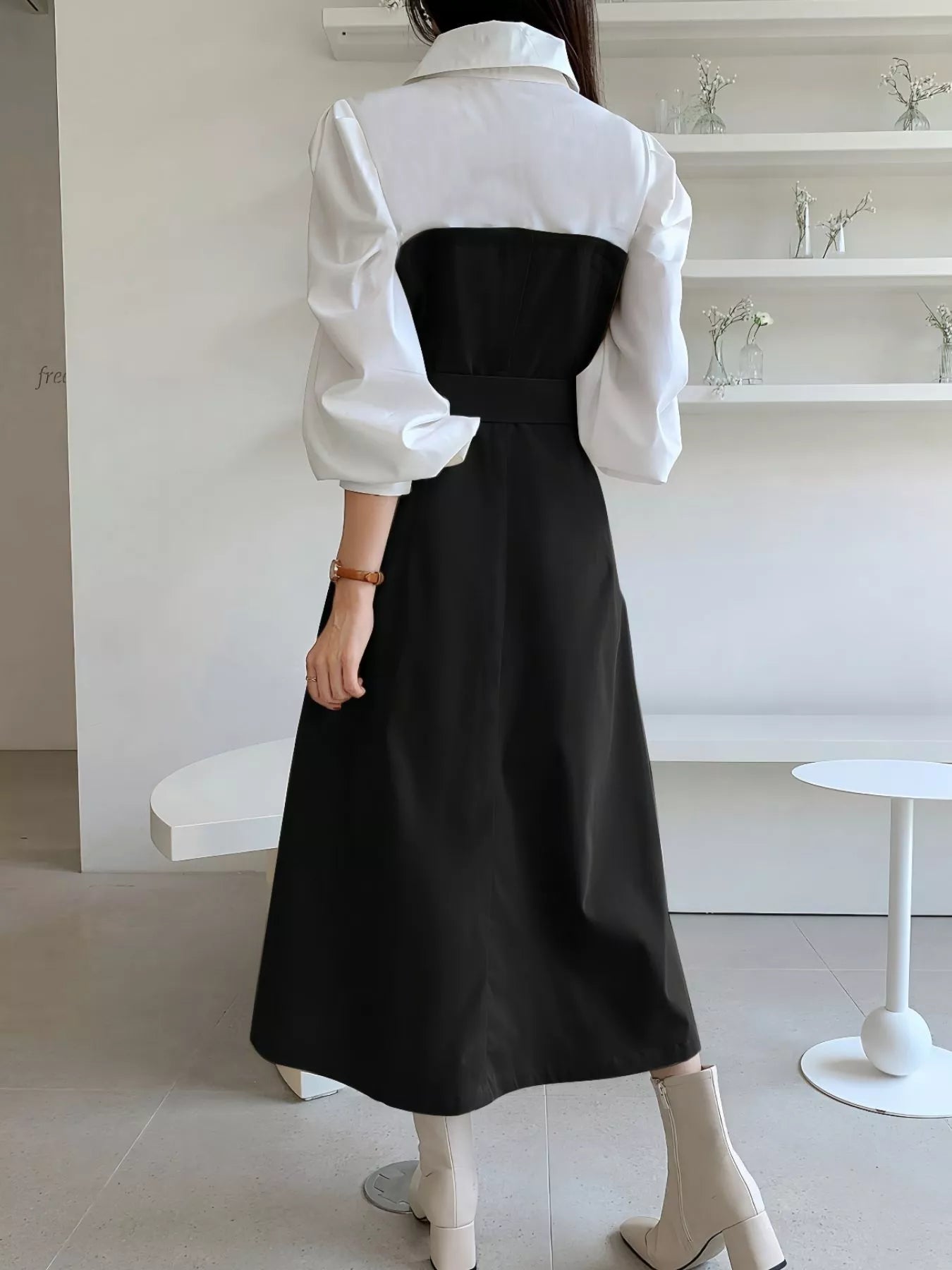 Two Tone Long Sleeve Collared Neck Dress - Tigbul's Variety Fashion Shop