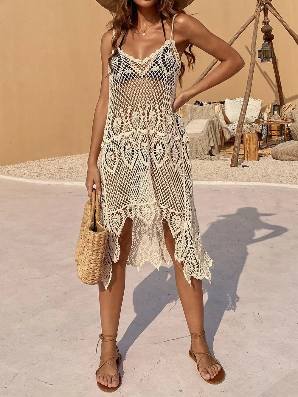 Openwork Scoop Neck Spaghetti Strap Cover-Up Dress - Tigbul's Variety Fashion Shop