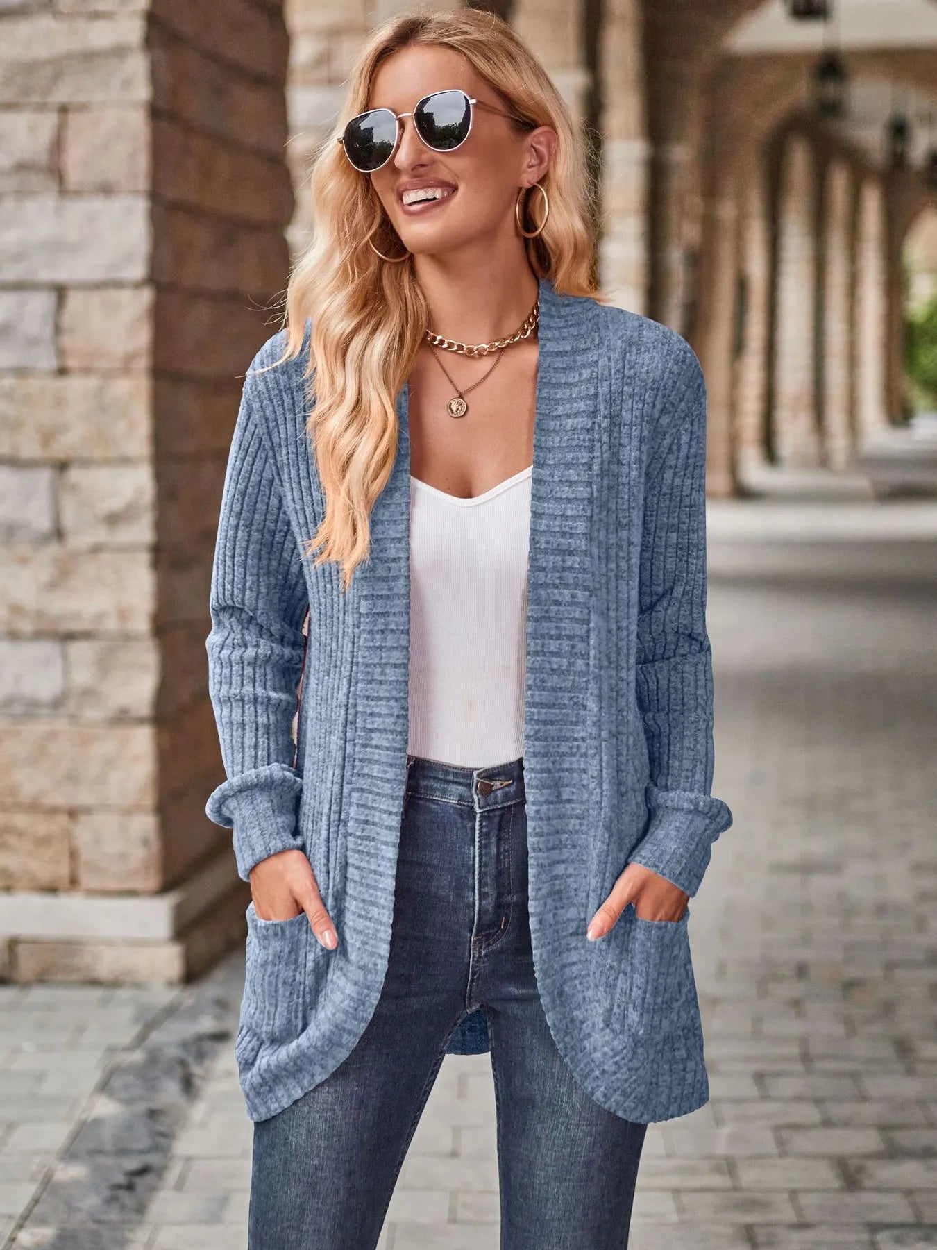 Ribbed Open Front Long Cardigan with Pockets - Tigbul's Variety Fashion Shop