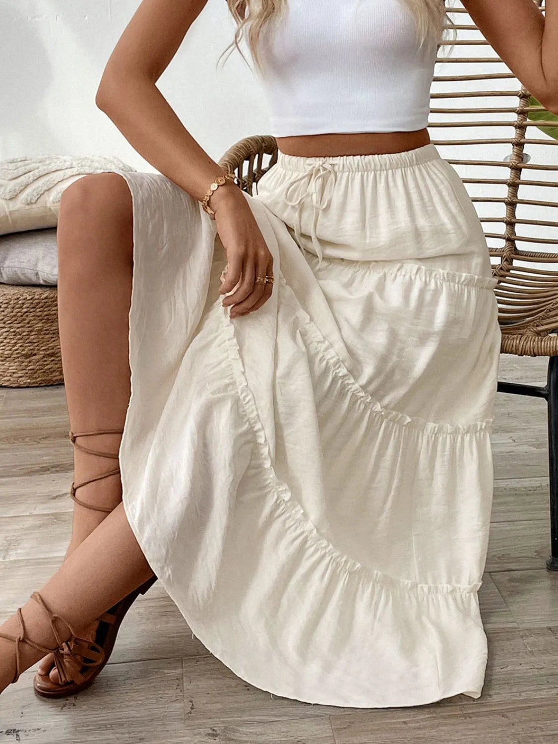 Drawstring Frill Tiered Cream Color Skirt - Tigbul's Variety Fashion Shop