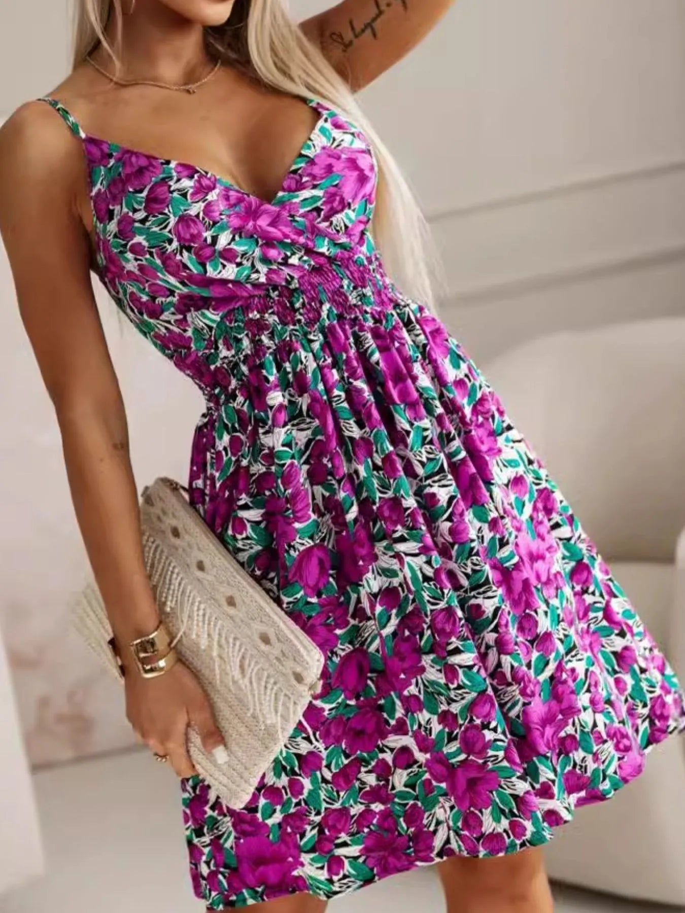 Tropical Print Spaghetti Strap Mini Dress - Tigbul's Variety Fashion Shop