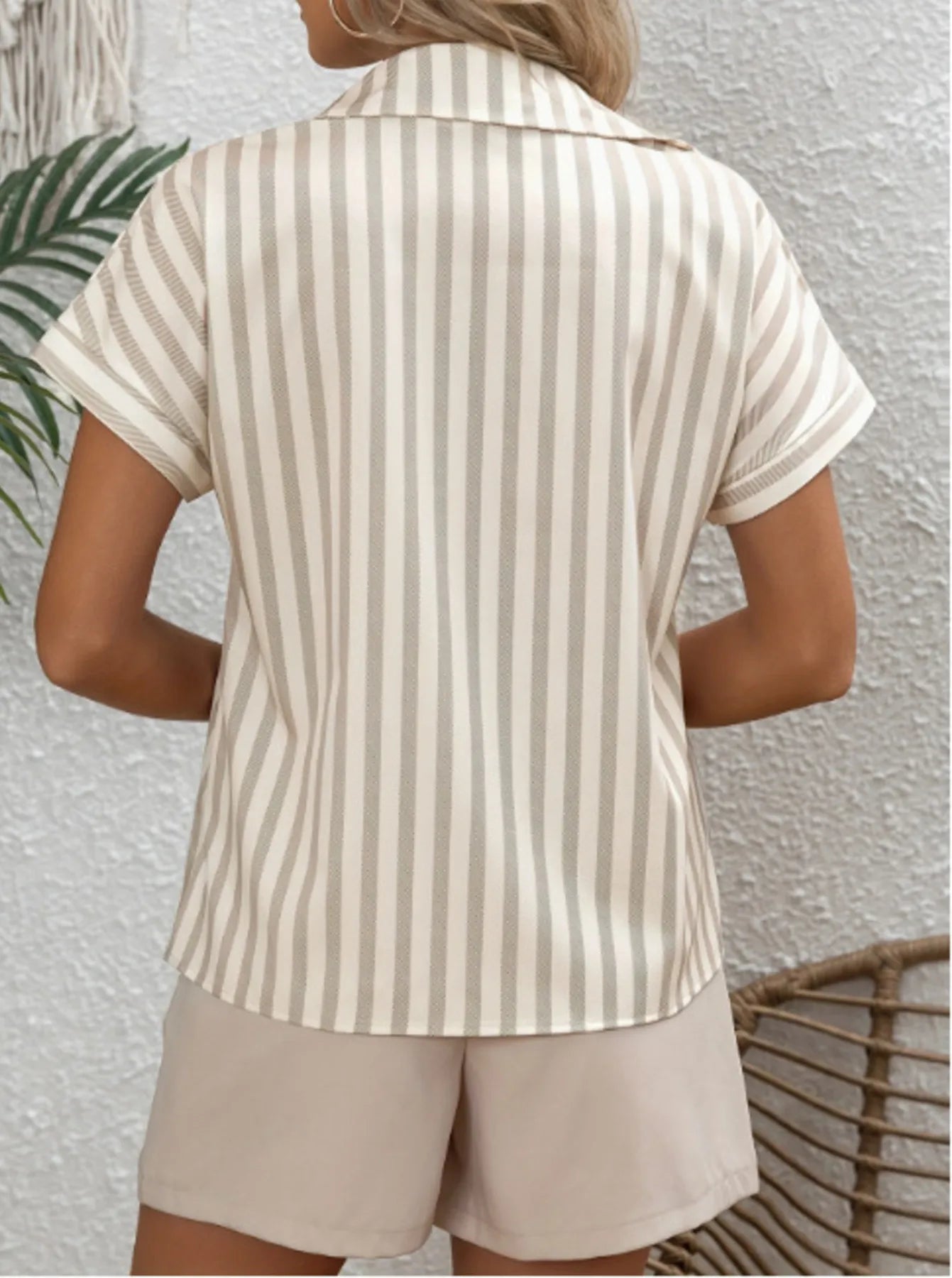 Striped Collared Neck Short Sleeve Shirt - Tigbul's Variety Fashion Shop
