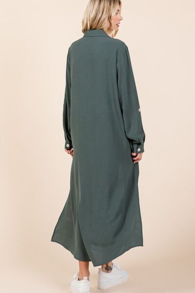 Green V-Neck Long Sleeve Button Down Maxi Dress - Tigbul's Variety Fashion Shop