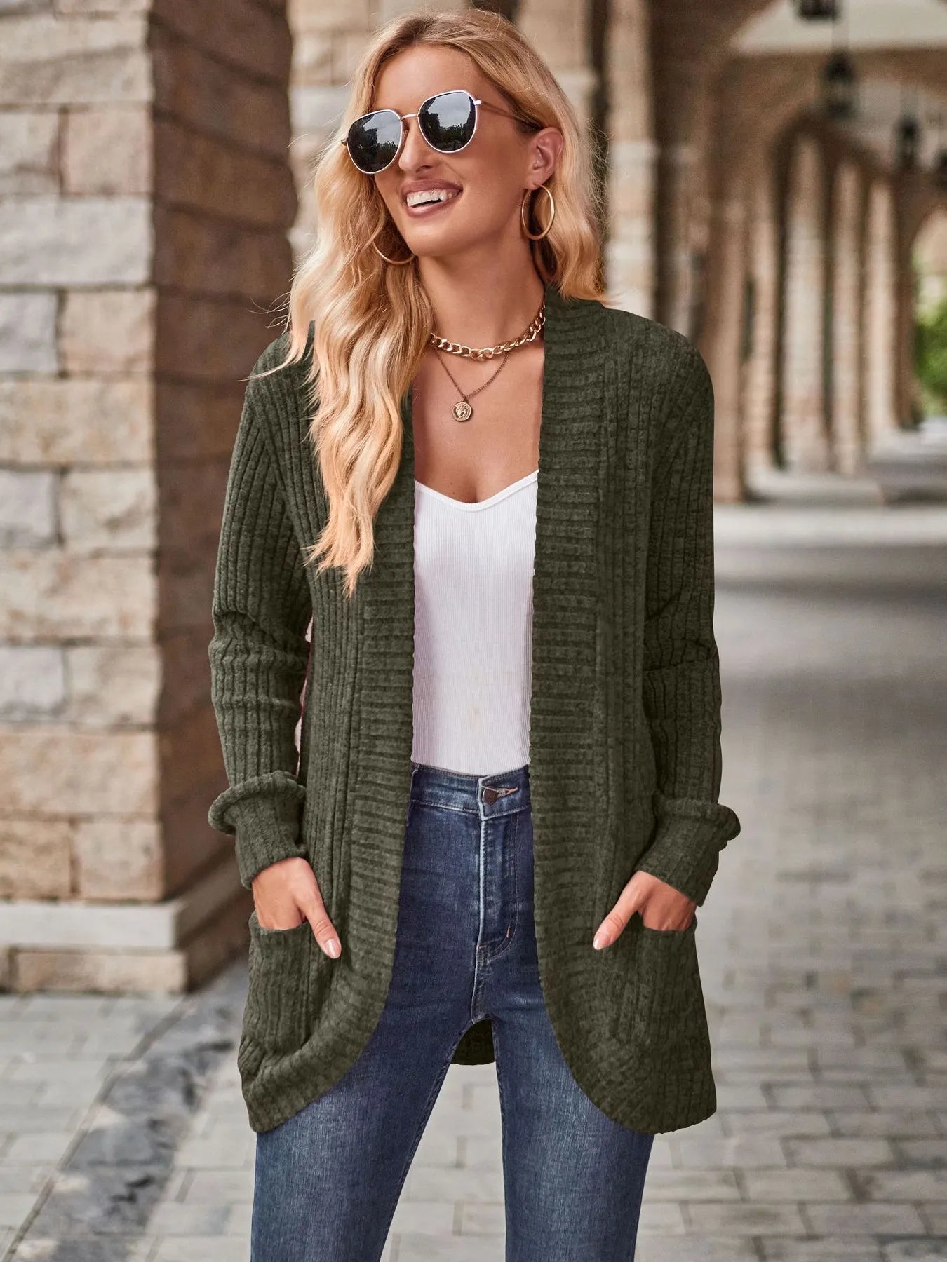 Ribbed Open Front Long Cardigan with Pockets - Tigbul's Variety Fashion Shop