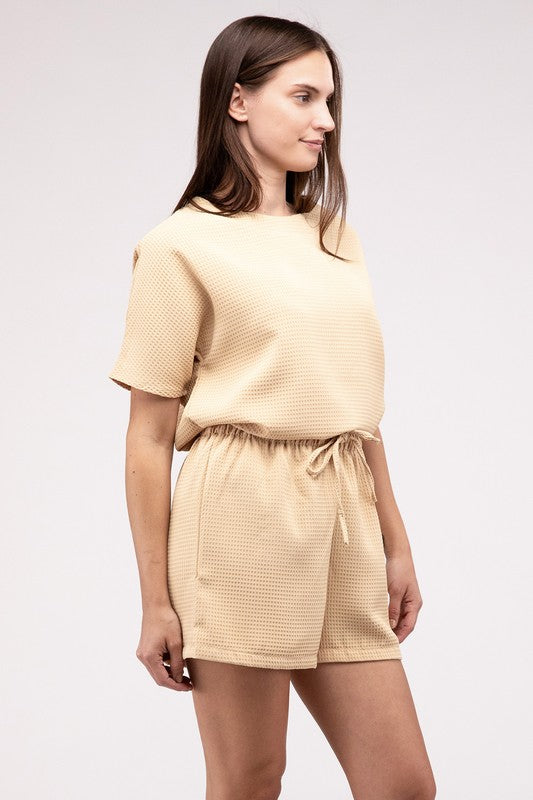 Waffle Round Neck Top and Short Set - Tigbul's Variety Fashion Shop