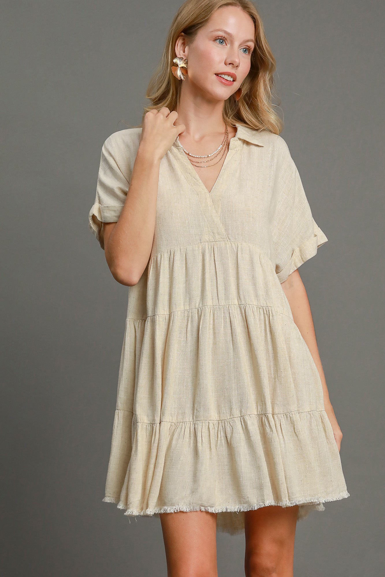 Beige Raw Hem Folded Sleeve Tiered Dress - Tigbul's Variety Fashion Shop