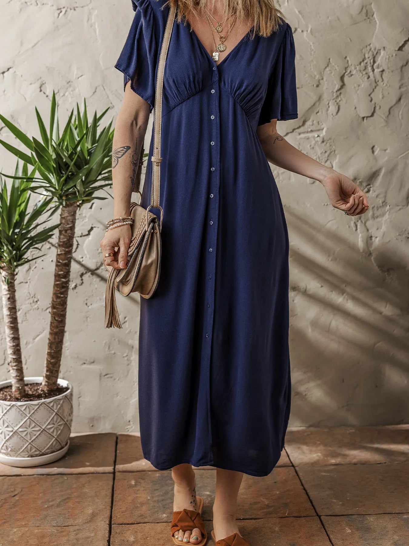 V Neck Buttoned Front Shirred Back Short Sleeve Midi Dress - Tigbul's Variety Fashion Shop