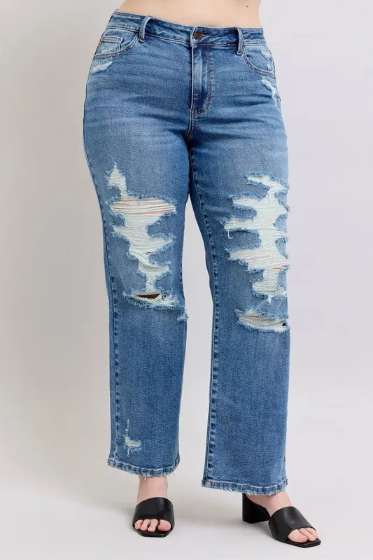 Judy Blue Full Size High Waist Heavy Destroy Straight Jeans Plus Size - Tigbul's Variety Fashion Shop