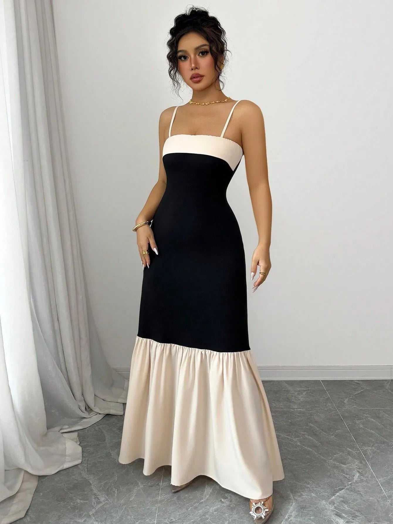 Two-Tone Spaghetti Strap Maxi Dress - Tigbul's Variety Fashion Shop