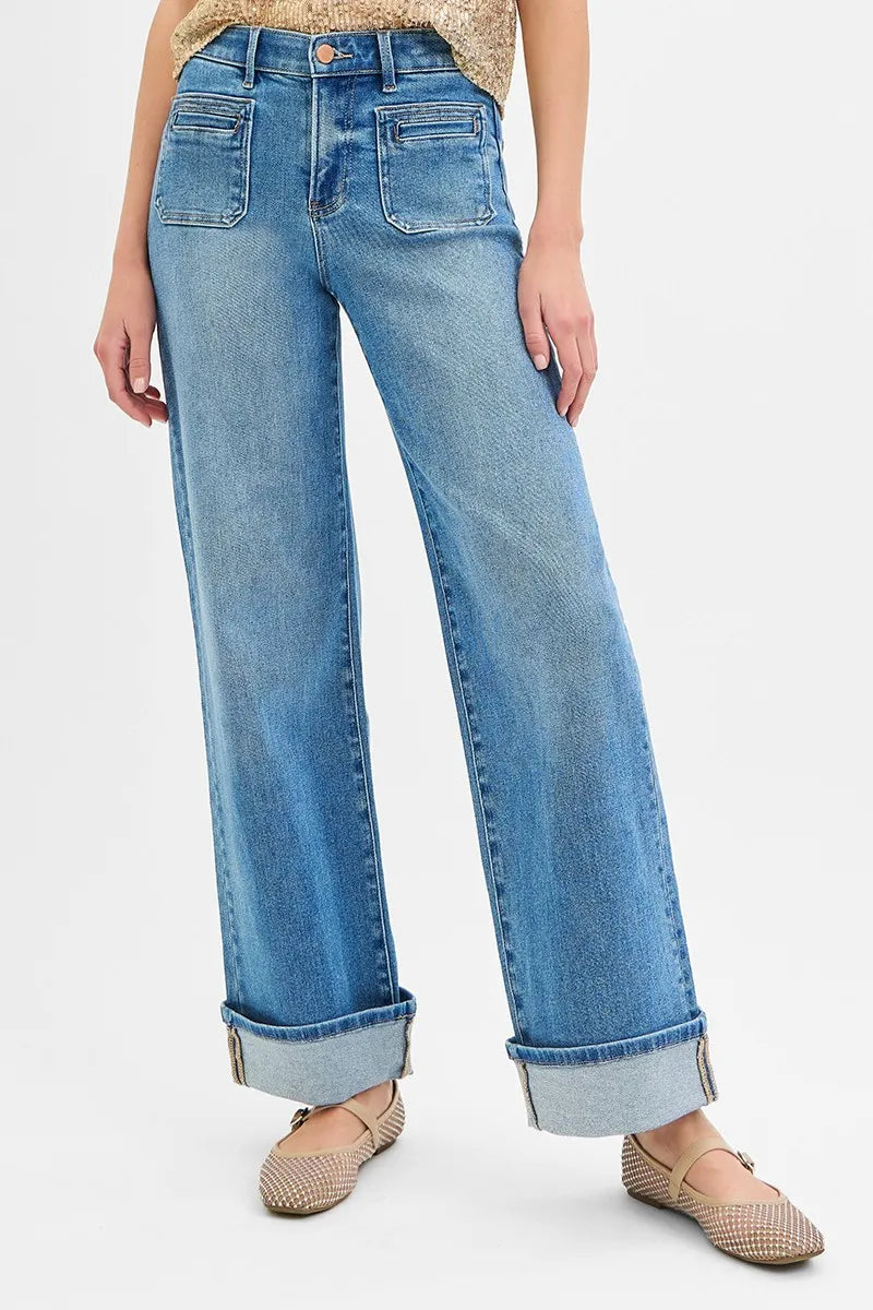 RISEN Elastic Band Mid Rise Wide Front Patch Pocket Cuff Jeans - Tigbul's Variety Fashion Shop