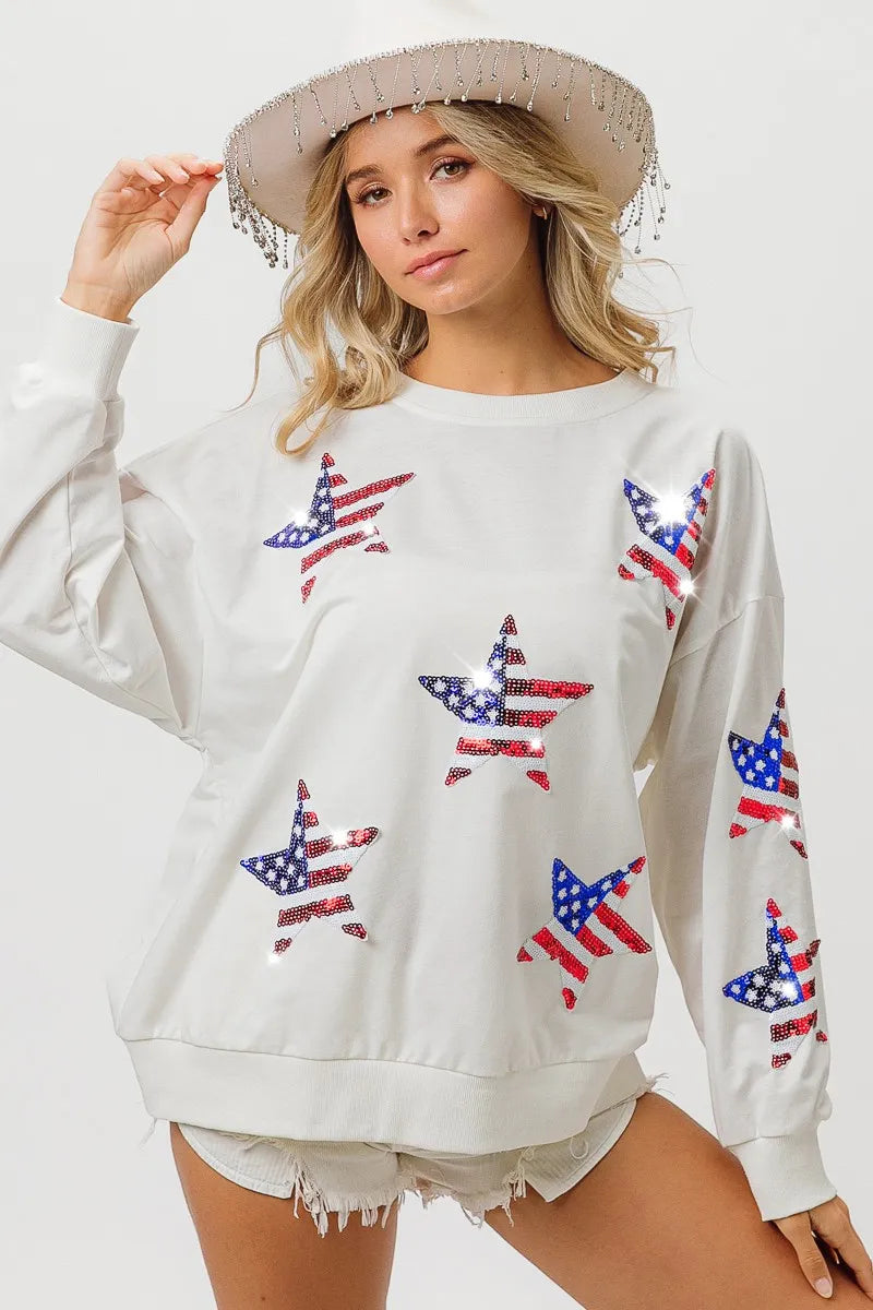 Off White American Flag Sequin Star Sweatshirt - Tigbul's Variety Fashion Shop
