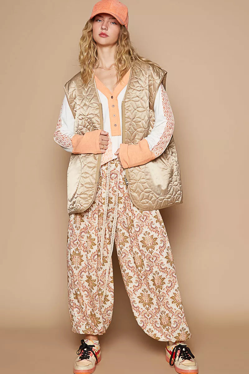 POL Front Zipper Floral Pattern Quilted Vest Coat with Front Pockets - Tigbul's Variety Fashion Shop