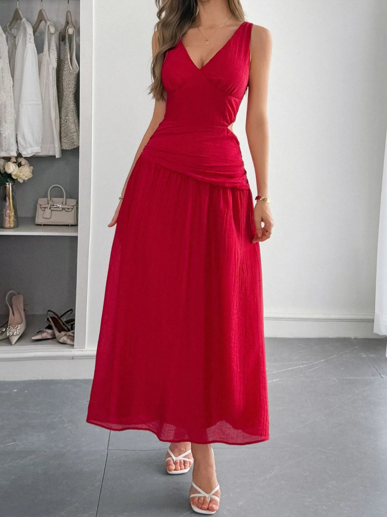 Cutout V-Neck Sleeveless Midi Dress - Tigbul's Variety Fashion Shop