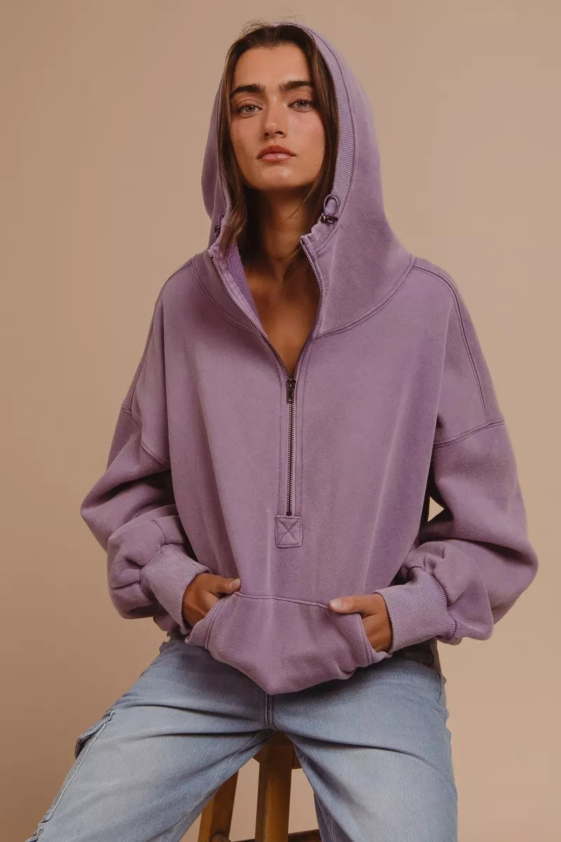 BiBi Stitch Detailed Elastic Hem Half Zip Fleece Hoodie - Tigbul's Variety Fashion Shop