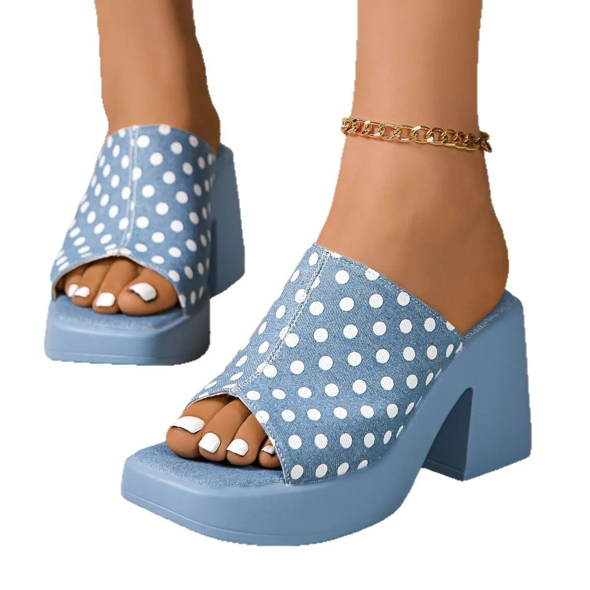 Polka Dot Block Heels Blue Denim Sandals - Tigbul's Variety Fashion Shop