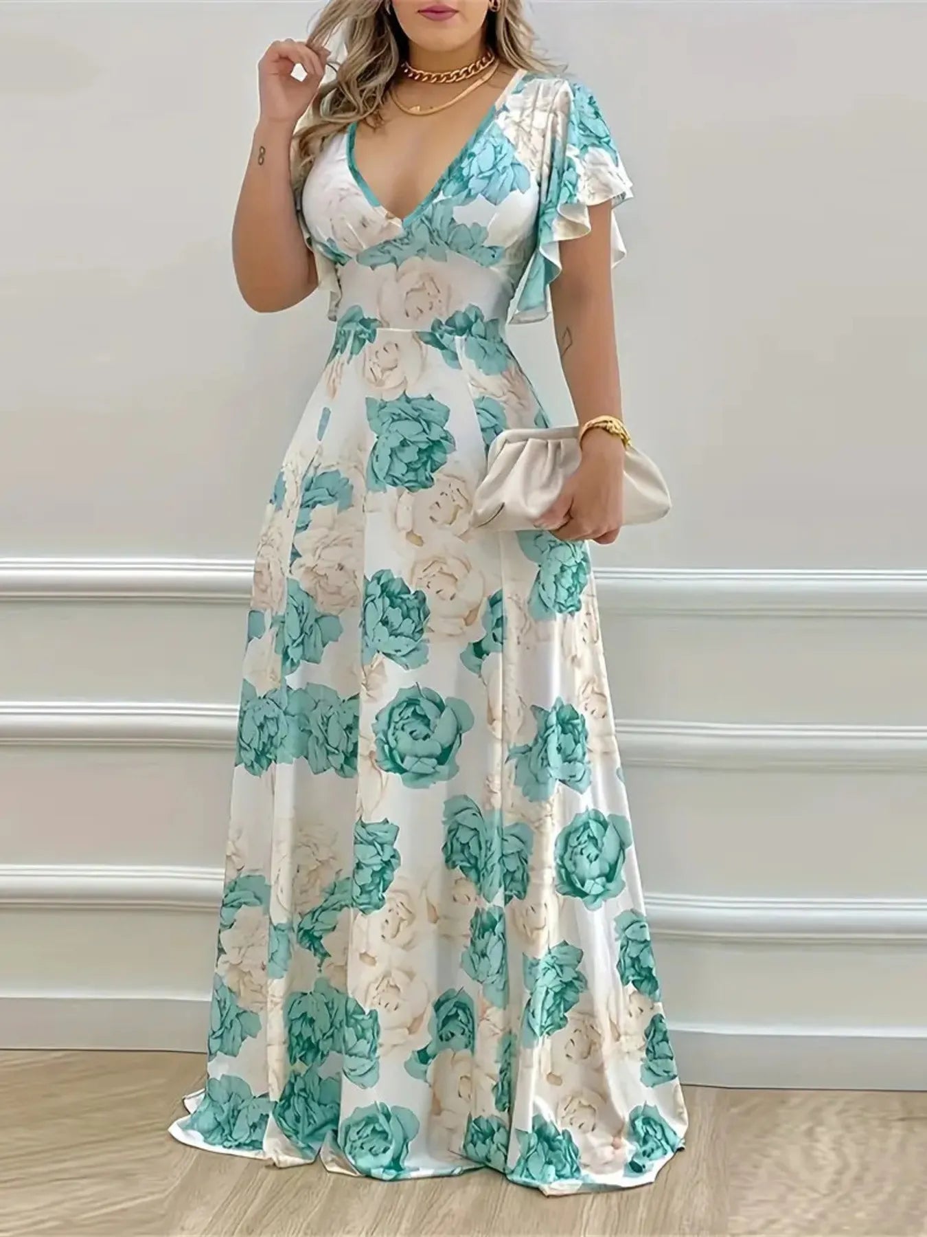 Plus Size Floral Print V-Neck Maxi Dress with Flutter Sleeves - Tigbul's Variety Fashion Shop