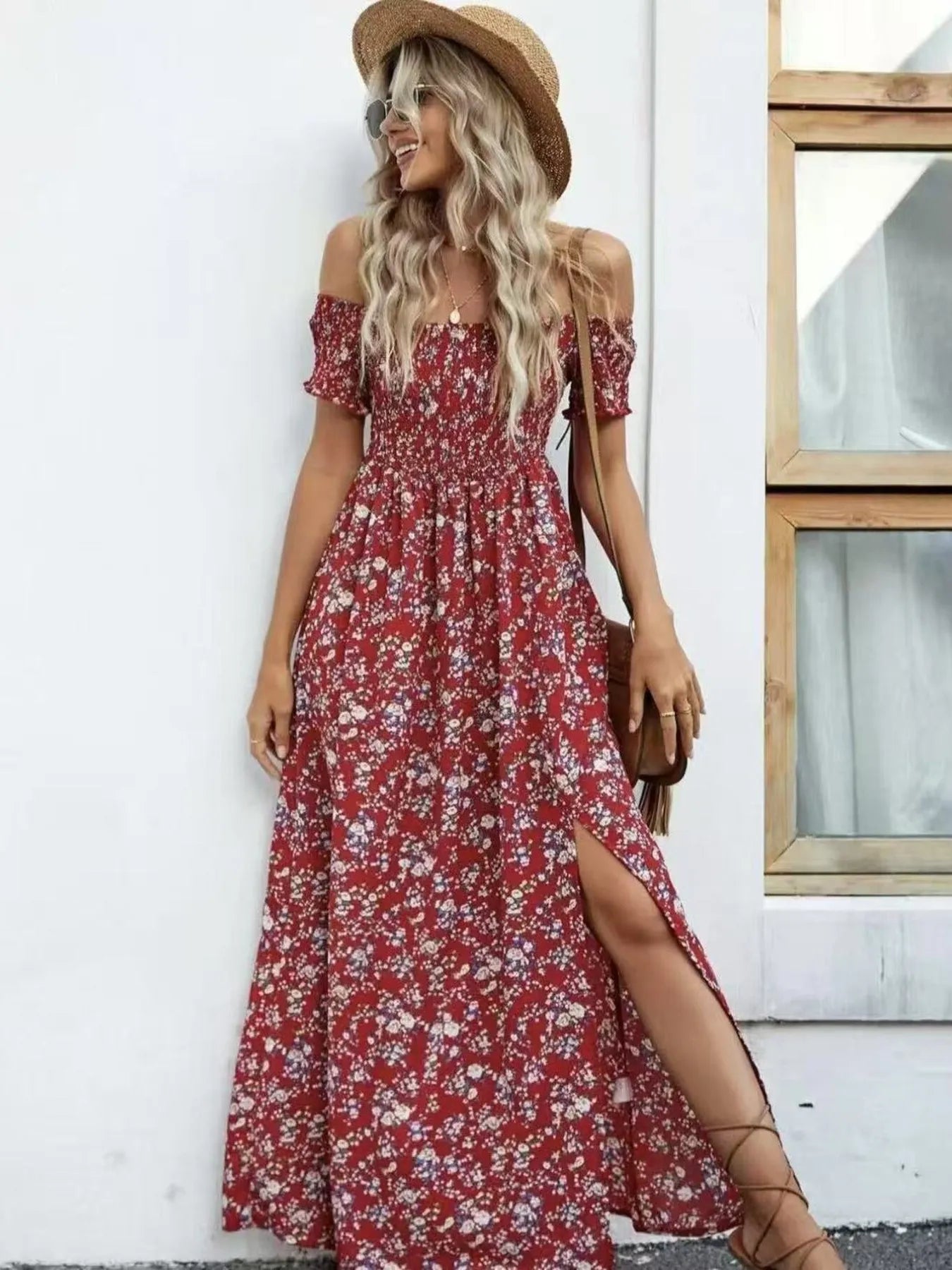 Full Size Slit Off-Shoulder Floral Midi Dress Plus Size - Tigbul's Variety Fashion Shop