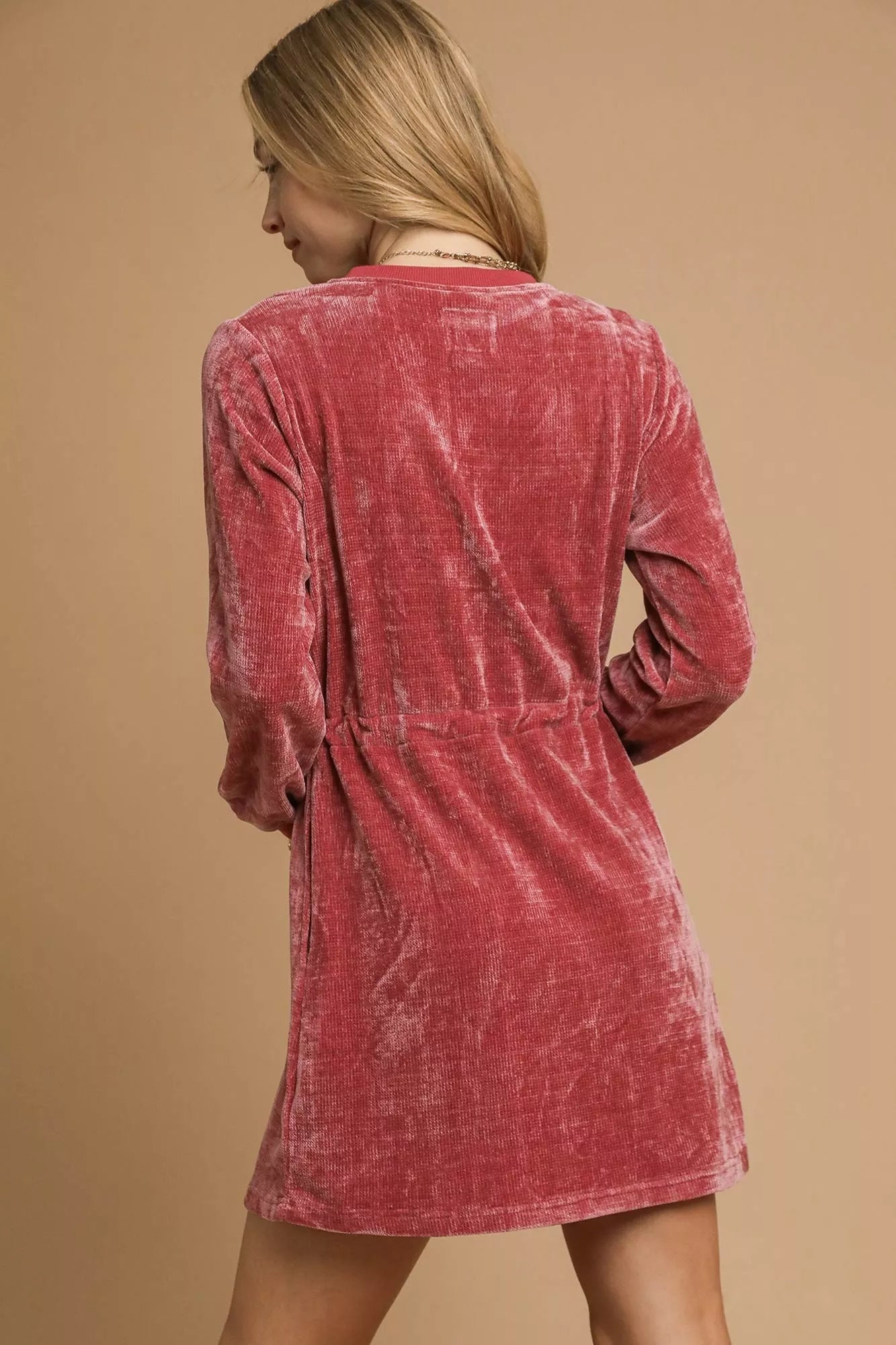 Burgundy Velour Drawstring Mini Dress with Long Sleeves - Tigbul's Variety Fashion Shop