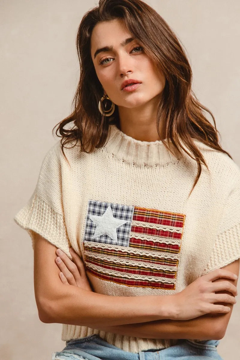 BiBi American Flag Patchwork Drop Shoulder Sweater - Tigbul's Variety Fashion Shop
